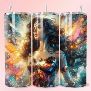 Wonderous Woman Portrait Seamless Tumbler Wrap 20oz Skinny Sublimation Wall Art Poster Design Female Superhero Gift Png DTF Photo Backdrop