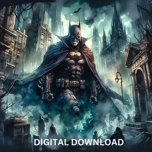 Novela gráfica de estilo Gotham, caballero oscuro, archivos PNG, PDF, DTF, sublimación, imprimible, clipart gótico, arte de camiseta de héroe, arte de pared con diseño de vaso