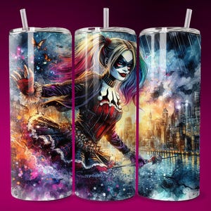 3D Gothic Villain Clowncore Girl Watercolor Tumbler Wrap Skinny Sublimation Seamless DTF Design Female Character Comic Book Fan Art Print