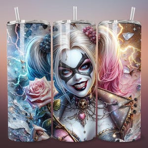 3D Goth Emo Villain Girl Clown Pink Rose Tumbler Wrap Skinny Sublimation Seamless PNG DTF Design Female Wall Art Comic Book Fan Gift Print