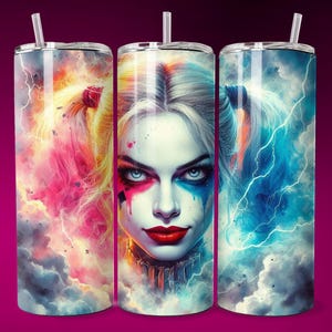 Electric Emo Villain Girl Tumbler Wrap 20oz Skinny Sublimation Seamless PNG DTF Design Female Clowncore Wall Art Comic Book Fan Gift Poster