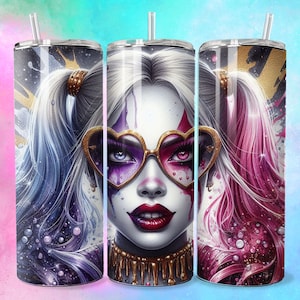 Dark Emo Goth Villain Girl Heart Glasses Tumbler Wrap 20oz Skinny Sublimation Seamless PNG DTF Design Female Clowncore Wall Art Comic Book