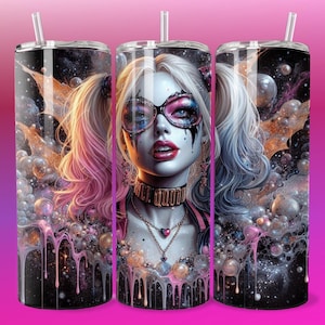 3D Emo Villain Girl Splash Paint Tumbler Wrap Skinny Sublimation Seamless PNG DTF Design Female Clowncore Wall Art Comic Book Fan Gift Print