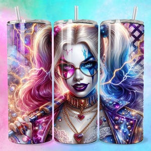 3D Electric Emo Goth Villain Girl Heart Glasses Tumbler Wrap Skinny Sublimation Seamless PNG DTF Design Female Clowncore Wall Art Comic Book
