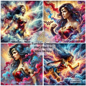 4 Wonderous Woman Seamless Tumbler Wraps 20oz Skinny Sublimation DTF PNG Design Female Superhero  Journal Decoupage Pages PDF Clip Art