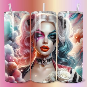 3D Goth Emo Villain Girl Clown White Rose Tumbler Wrap Skinny Sublimation Seamless PNG DTF Design Female Wall Art Comic Book Fan Gift Print