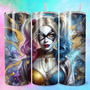 Electric Emo Villain Girl Tumbler Wrap 20oz Skinny Sublimation Seamless PNG DTF Design Female Clowncore Wall Art Comic Book Fan  Gift Poster