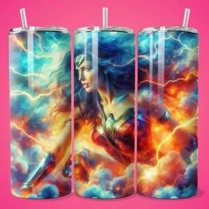 3D Photorealistic Wonderous Woman Electric Storm Clouds Seamless Tumbler Wrap Skinny Sublimation Design Female Superhero Wall Art Poster
