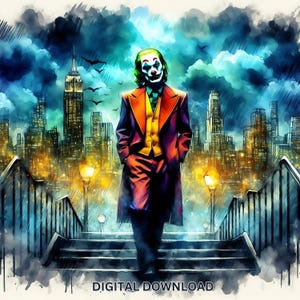 Pintura em aquarela do Coringa, copo DTF, alta resolução, Arkham Asylum, pôster assustador do filme Batman, para impressão de parede, decoração de dormitório, palhaço, arte em quadrinhos