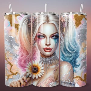 3D Pastel Emo Villain Girl Clown Daisy Flower Tumbler Wrap Skinny Sublimation Seamless PNG DTF Design Female Wall Art Comic Book Fan Gift