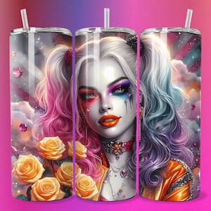 3D Cute Emo Villain Girl Yellow Roses Tumbler Wrap Skinny Sublimation Seamless PNG DTF Design Female Clown Wall Art Comic Book Fan Gift
