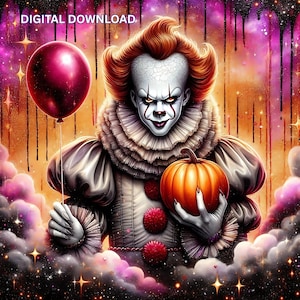 Palhaço Pennywise de Halloween PNG Arquivos PDF DTF Sublimação Imprimível Arte de Parede de Terror Design de Copo Sem Costura Stephen King Filme IT Doces e Travessuras