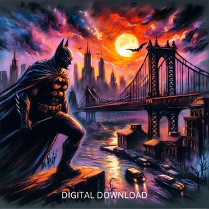 Gotham, novela gráfica de caballero oscuro, archivos PNG y PDF, DTF, sublimación, imprimible, arte de camiseta de héroe de paisaje urbano, diseño de vaso para pared.