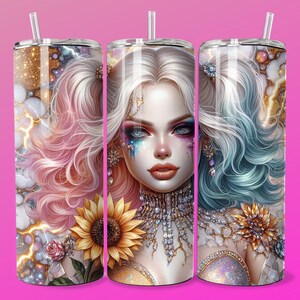 3D Pastel Emo Villain Girl Clown Sunflower Tumbler Wrap Skinny Sublimation Seamless PNG DTF Design Female Wall Art Comic Book Fan Gift
