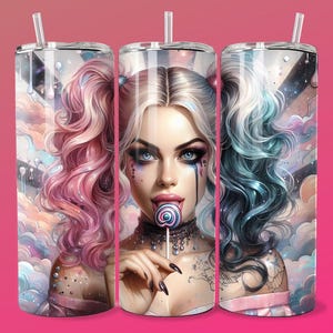 3D Emo Villain Girl Pink Lollipop Tumbler Wrap Skinny Sublimation Seamless DTF Design Female Clown Wall Art Comic Book Fan Gift Print