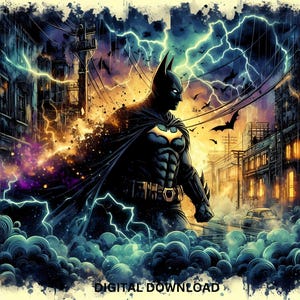 Gotham, novela gráfica de caballero oscuro, archivos PNG y PDF, DTF, sublimación, imprimible, arte de camiseta de héroe de paisaje urbano, diseño de vaso para pared.