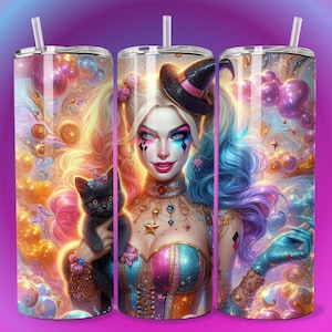 3D Emo Clown Girl Villain Black Cat Witch Tumbler Wrap 20oz Skinny Sublimation Seamless PNG DTF Design Wall Art Comic Book Halloween Print