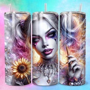 3D Pastel Emo Villain Girl Clowncore  Yellow Sunflower Tumbler Wrap Skinny Sublimation Seamless PNG DTF Design Wall Art Comic Book Fan Gift