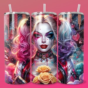 3D Emo Villain Girl Yellow Roses Tumbler Wrap Skinny Sublimation Seamless PNG DTF Design Female Clown Wall Art Comic Book Fan  Gift Print
