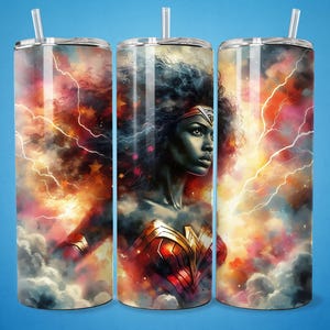 3D noir super-héros femme tempête guerrier sans couture gobelet wrap skinny PNG DTF design super-héros sublimation mélanine beauté autonomisation affiche