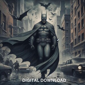 Novela gráfica de estilo Gotham, caballero oscuro, archivos PNG, PDF, DTF, sublimación, imprimible, clipart gótico, arte de camiseta de héroe, arte de pared con diseño de vaso