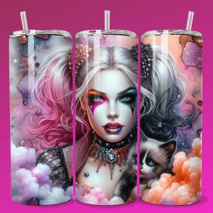 3D Emo Villain Clown Girl Cute Kitten Clouds Tumbler Wrap Skinny Sublimation Seamless DTF Design Female Villain Wall Art Comic Book Fan Teen