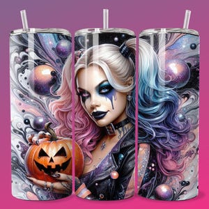 3D Emo Villain Girl Halloween Tumbler Wrap Skinny Sublimation Seamless PNG DTF Design Female Clown Wall Art Comic Book Fan  Gift Print