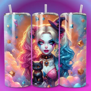 3D Emo Clown Girl Villain Black Cat Witch Tumbler Wrap 20oz Skinny Sublimation Seamless PNG DTF Design Wall Art Comic Book Halloween Print