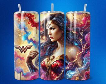 Wonderous Warrior Woman Tumbler Wrap 20oz Skinny Sublimation Design Female Superheroine Png DTF Wall Art Print Poster Party Decor Tote Card