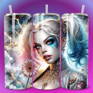 3D Emo Villain Girl Pink Daisy Tumbler Wrap 20oz Skinny Sublimation Seamless PNG DTF Design Female Clown Wall Art Comic Book Fan Gift Print