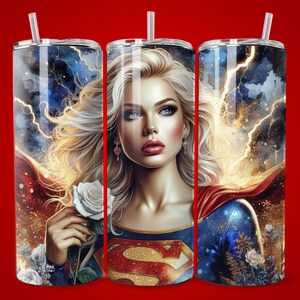 Super Girl Rose Seamless Tumbler Wrap, 20oz Skinny Sublimation Tumbler Design Female Superhero Wall Art, Mother's Day Gift Png DTF Wall Art