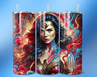 Wonderous Woman Tumbler Wrap 20oz Skinny Sublimation PNG Design Female Superhero Gift for Mom Wife Daughter Comic Character Poster Wall Art