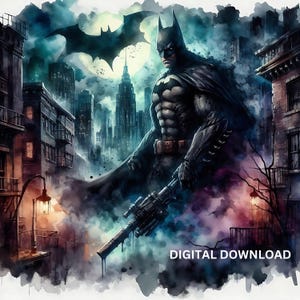 Gotham, novela gráfica de caballero oscuro, archivos PNG y PDF, DTF, sublimación, imprimible, arte de camiseta de héroe de paisaje urbano, diseño de vaso para pared.