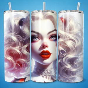 Pin up Style Clown Girl Tumbler Wrap 20oz Skinny Seamless Design Female Villain Postcard Comic Book Fan Gift Png Wall Art Dorm Sublimation
