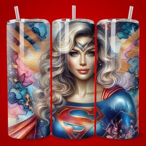 Super Girl Rose Seamless Tumbler Wrap, 20oz Skinny Sublimation Tumbler Design Female Superhero Wall Art, Mother's Day Gift Png DTF Wall Art