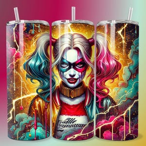 Emo Villain Girl Colorful Paint Drip Tumbler Wrap Skinny Sublimation Seamless PNG PDF DTF Design Female Clown Wall Art Comic Book Fan Gift