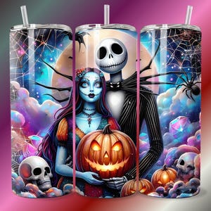 Jack und Sally Halloween Tumbler Design PNG PDF DTF Der Kürbis König Gruselige Wand Horror Alptraum Paar Poster Kunst Süßes oder Saures