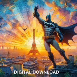 Gotham, novela gráfica de caballero oscuro, archivos PNG y PDF, DTF, sublimación, imprimible, arte de camiseta de héroe con paisaje urbano de París, diseño de vaso para pared.