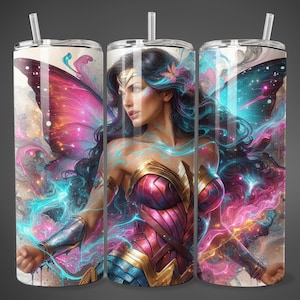 3D Wonderous Electric Butterfly Warrior Woman Tumbler Wrap 20oz Skinny Sublimation Design Female Superheroine Png DTF Wall Art Print Poster