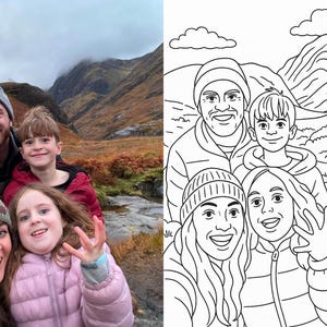 May include: A family of five pose for a photo in front of a mountain range. The family are wearing winter clothing and smiling. The photo is in black and white.