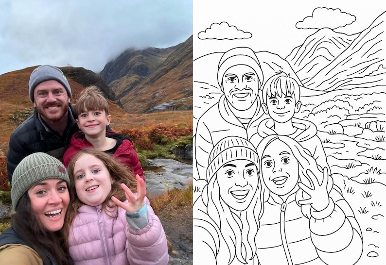 May include: A family of five pose for a photo in front of a mountain range. The family are wearing winter clothing and smiling. The photo is in black and white.