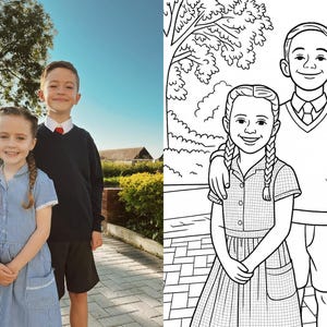 May include: A black and white line drawing of two children, a boy and a girl, standing side by side. The boy is wearing a jumper and the girl is wearing a dress. They are both smiling.