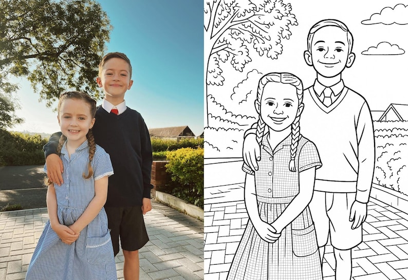 May include: A black and white line drawing of two children, a boy and a girl, standing side by side. The boy is wearing a jumper and the girl is wearing a dress. They are both smiling.