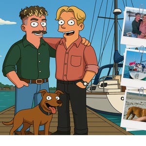 Op de afbeelding: Cartoon illustratie van twee mannen en een hond op een pier, met zeilboten op de achtergrond. De mannen omarmen elkaar en er zijn drie foto's met paperclips bevestigd. De woorden "Digital File" en een pijl naar beneden staan linksonder.