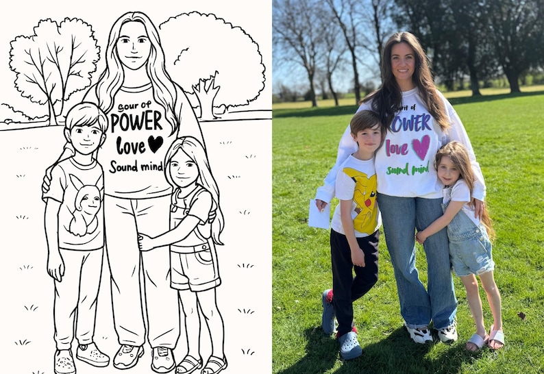 May include: A black and white illustration of a woman with two children. The woman is wearing a shirt that says "Source of Power Love Sound Mind". The children are wearing shirts with cartoon characters. The image is set against a background of trees and grass.