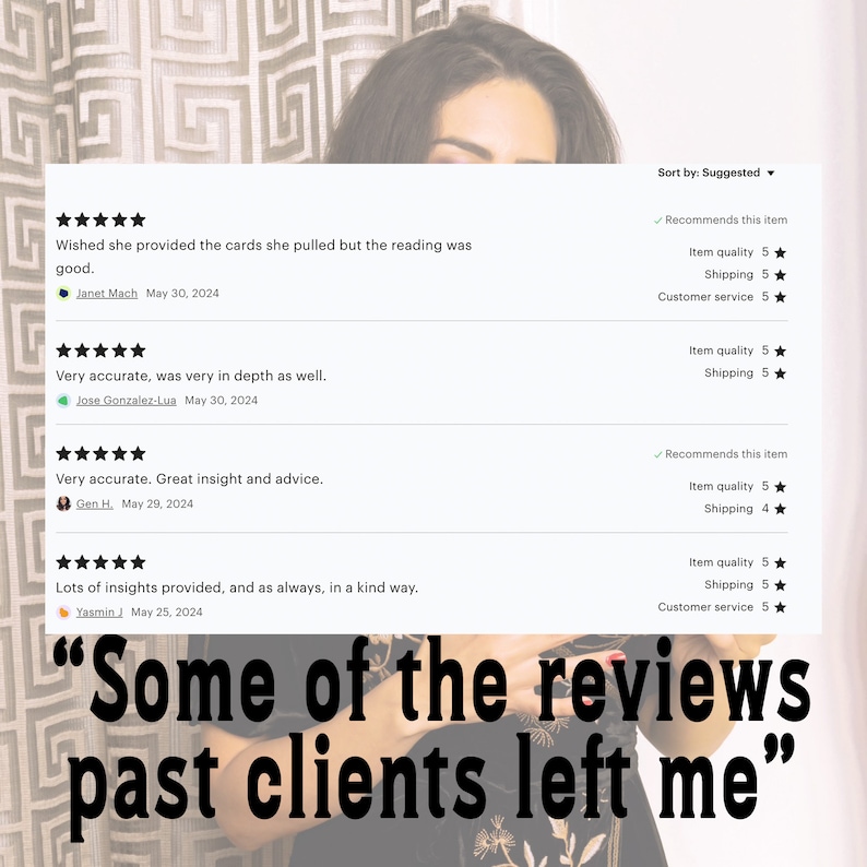 Puede incluir: Una captura de pantalla de un sitio web con rese&ntilde;as de clientes para un servicio. Las rese&ntilde;as son todas positivas y mencionan que el servicio es preciso, perspicaz y &uacute;til. El texto "Some of the reviews past clients left me" se muestra en fuente grande y negrita.