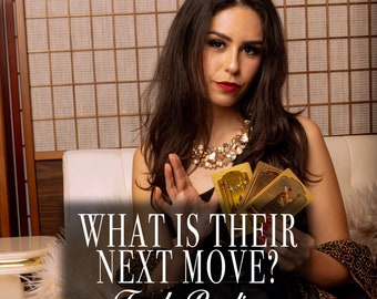 May include: A woman in a black dress holds tarot cards in her hands. The background is a gold and brown patterned wall. The text "WHAT IS THEIR NEXT MOVE? Tarot Reading" is displayed on the image.