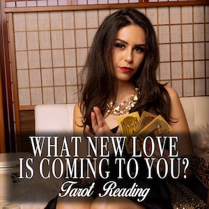May include: A woman with long dark hair is holding a spread of tarot cards. She is wearing a black dress and a gold necklace. The text on the image reads "What new love is coming to you? Tarot Reading."