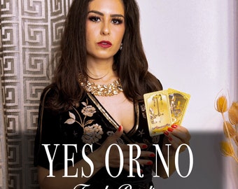 May include: A woman wearing a black velvet dress with floral embroidery holds two gold tarot cards. The text "YES OR NO Tarot Reading" is displayed below her.
