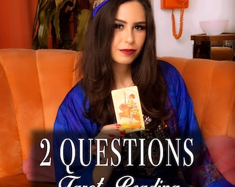 May include: A woman in a blue robe and a gold headband holds a tarot card in front of an orange couch. The text "2 QUESTIONS Tarot Reading" is superimposed on the image.